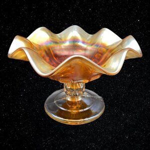 Vintage Dugan Marigold Iridescent Ruffled Carnival Pedestal Bowl 3.5”T 6”W